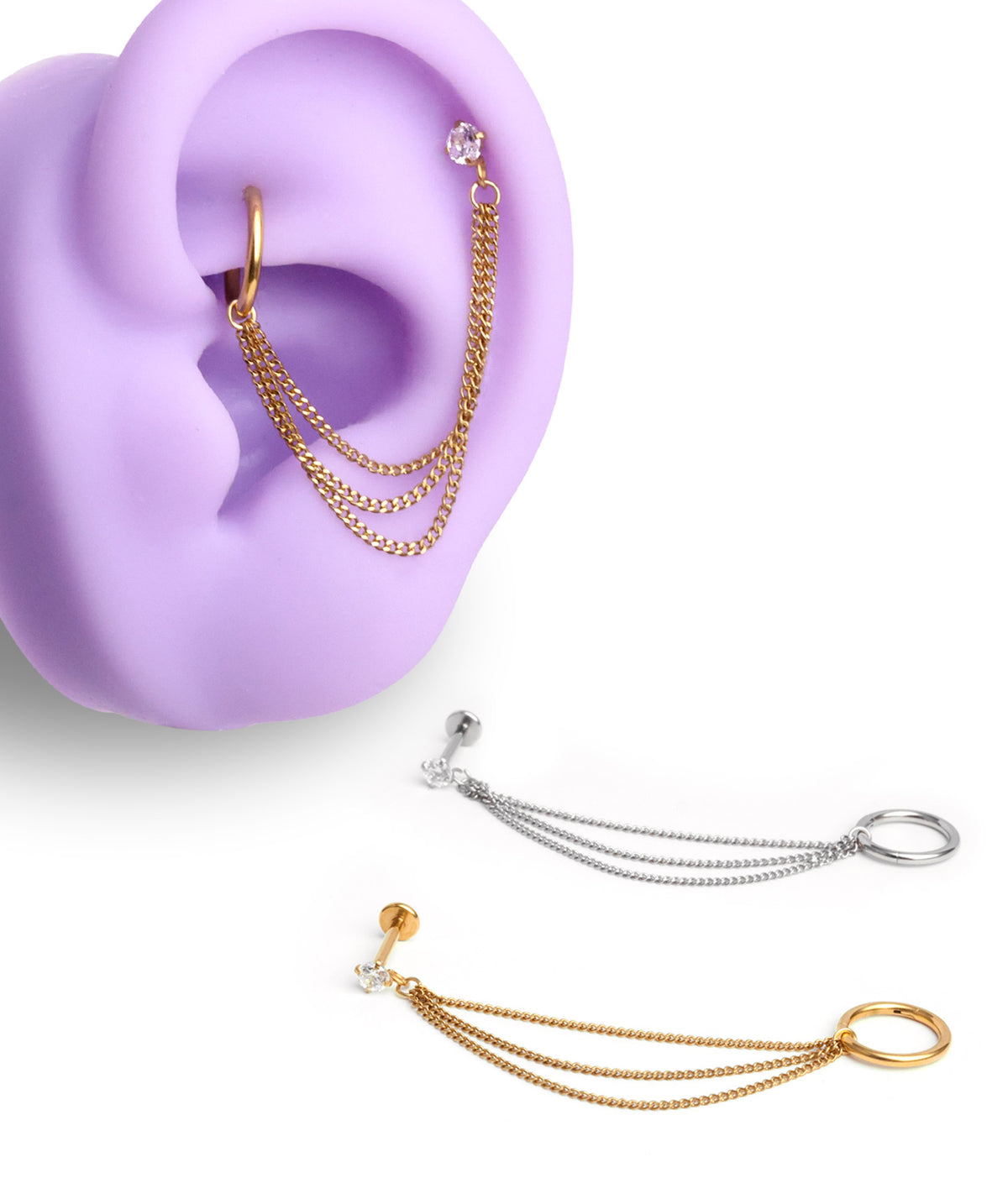 Triple Chain Earring - Stainless Steel - Lobe, Upper Lobe - Oumo Jewelry