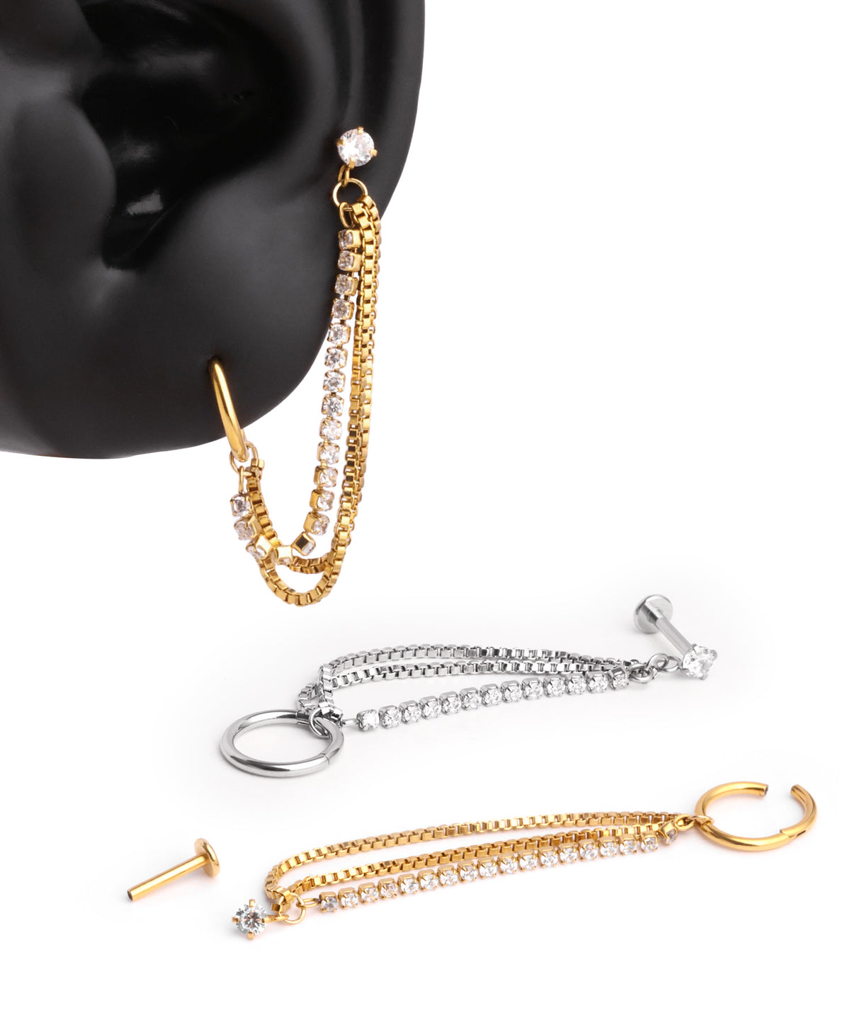 Sparkling Triple Chain - Stainless Steel - Lobe, Upper Lobe - Oumo Jewelry
