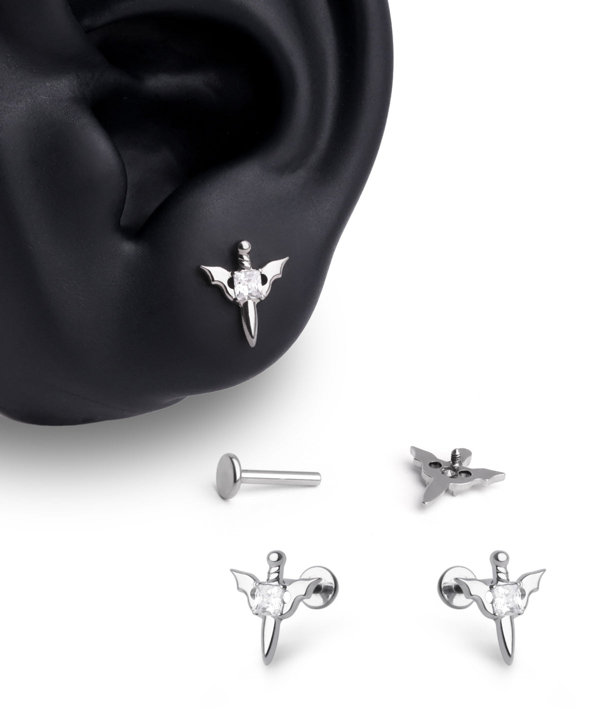 Titanium Winged Sword Flatback Stud - Titanium - Helix, Upper Lobe, Flat - Oumo Jewelry