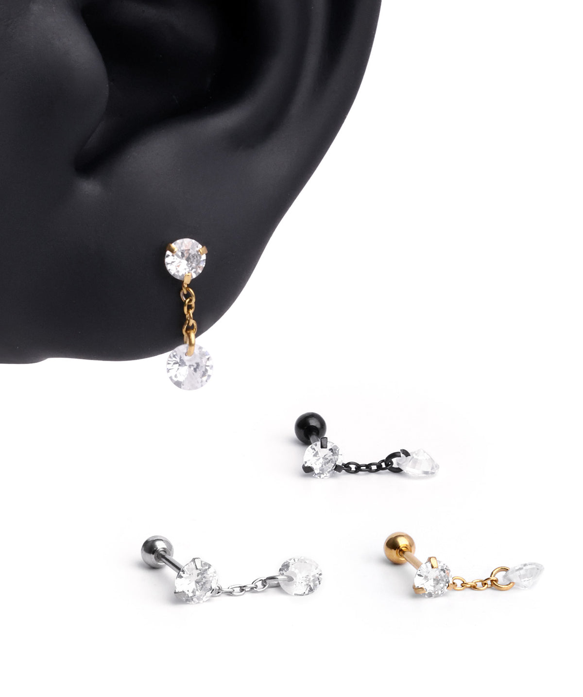 Gemstone Drop Stud - Stainless Steel - Upper Lobe, Flat, Helix - Oumo Jewelry
