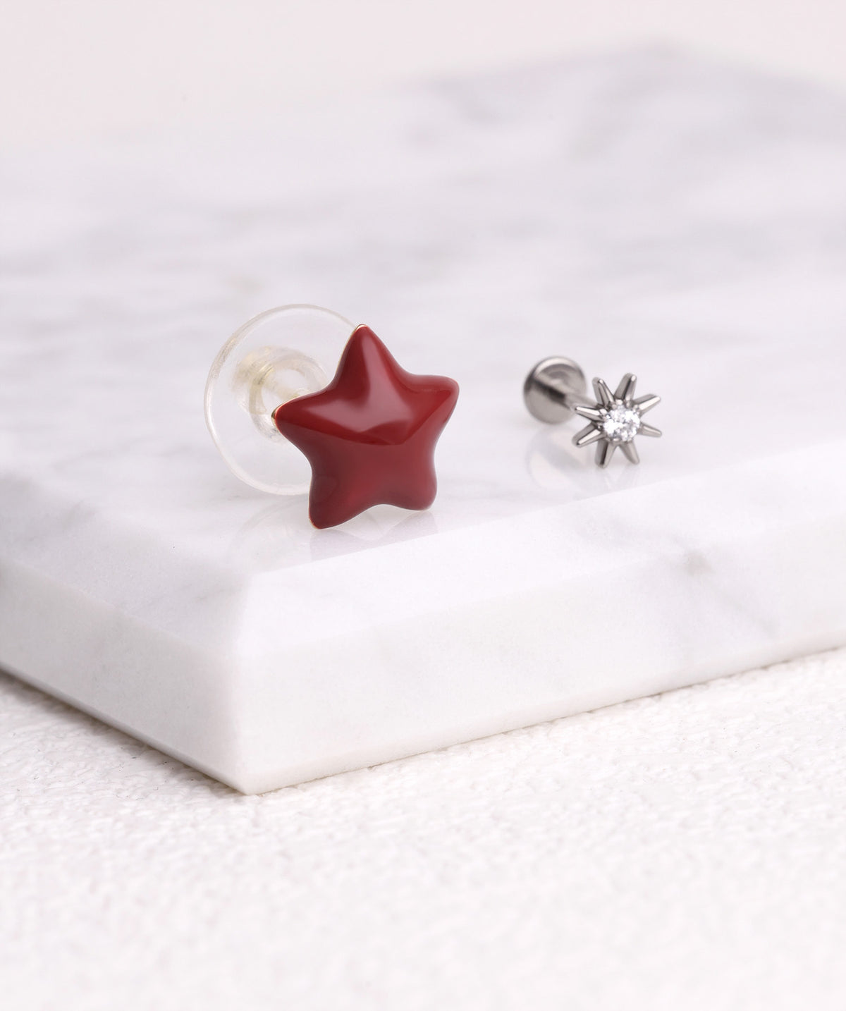 Red Enamel Star Studs - Brass - Oumo Jewelry