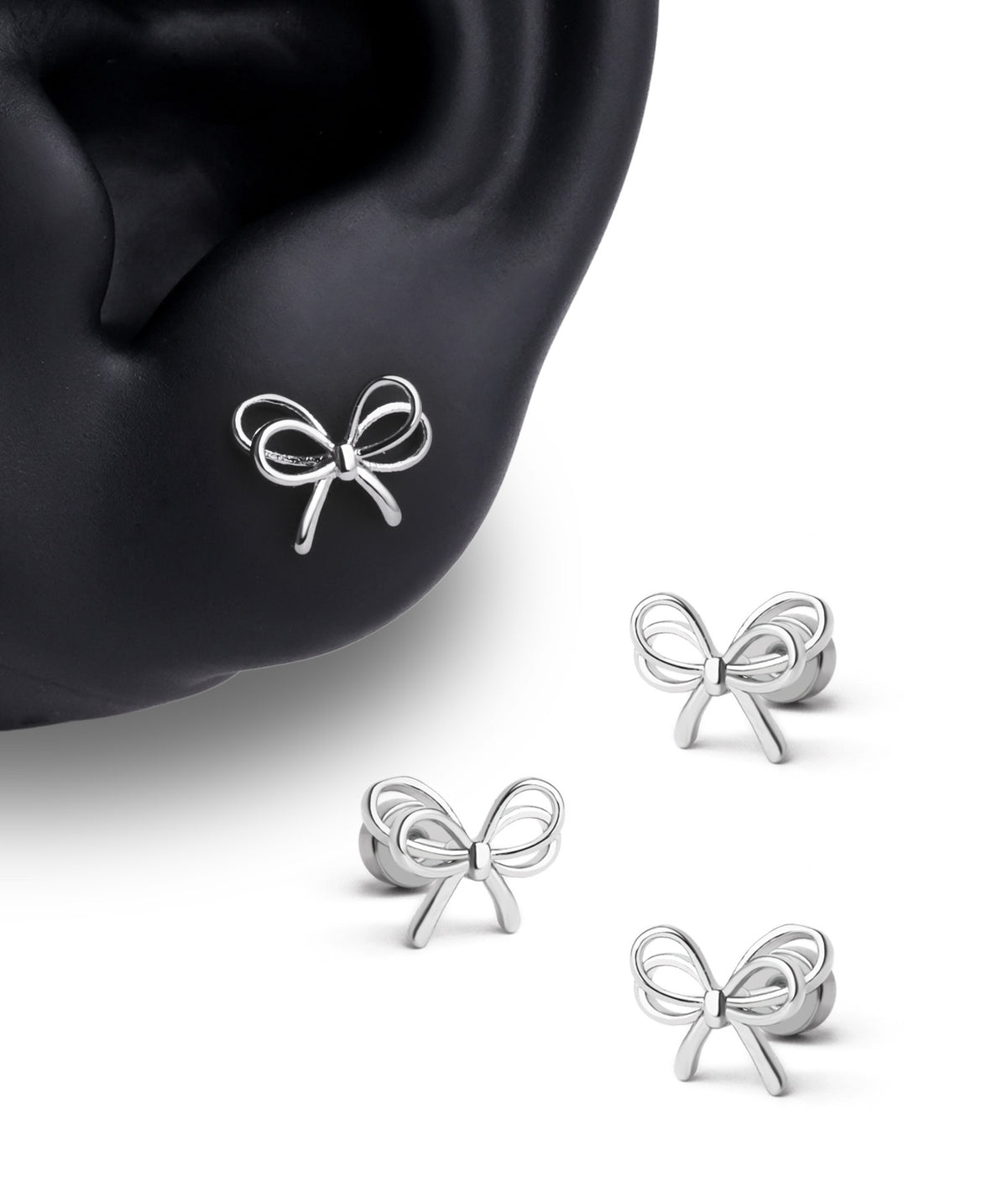 Playful Hollow Bow Flatback Stud - Stainless Steel - Helix, Conch, Flat - Oumo Jewelry