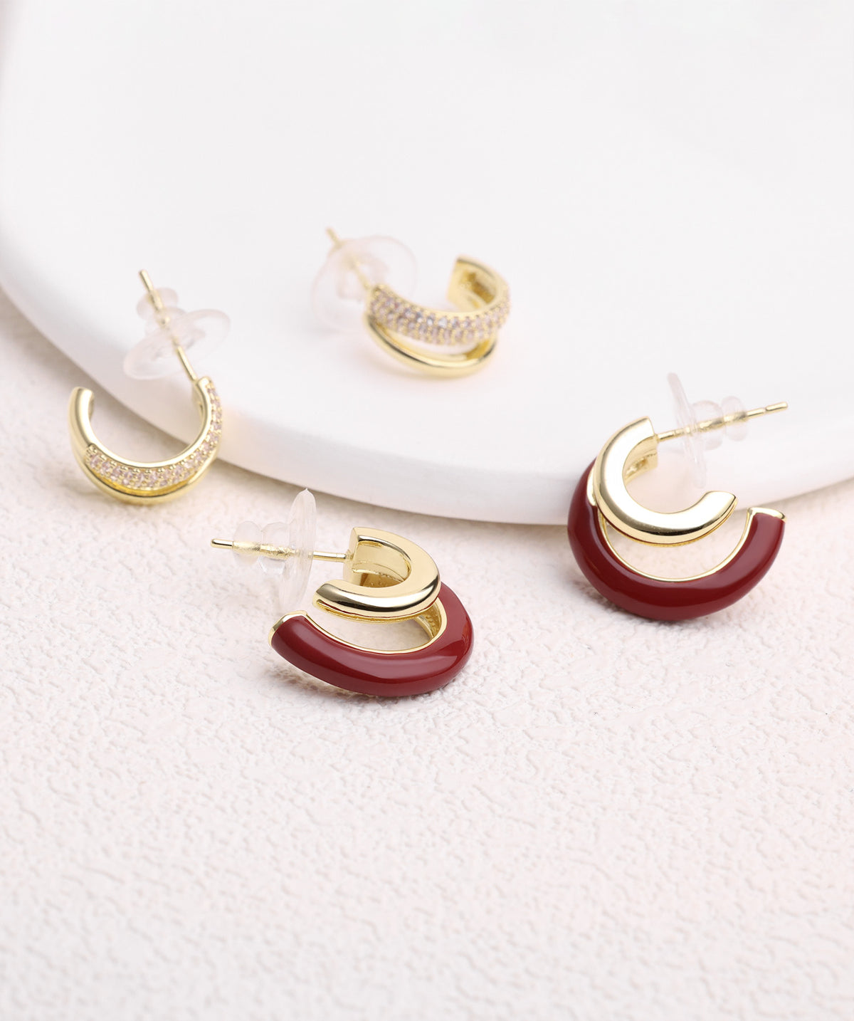 Red Enamel Double Hoops - Brass - Oumo Jewelry