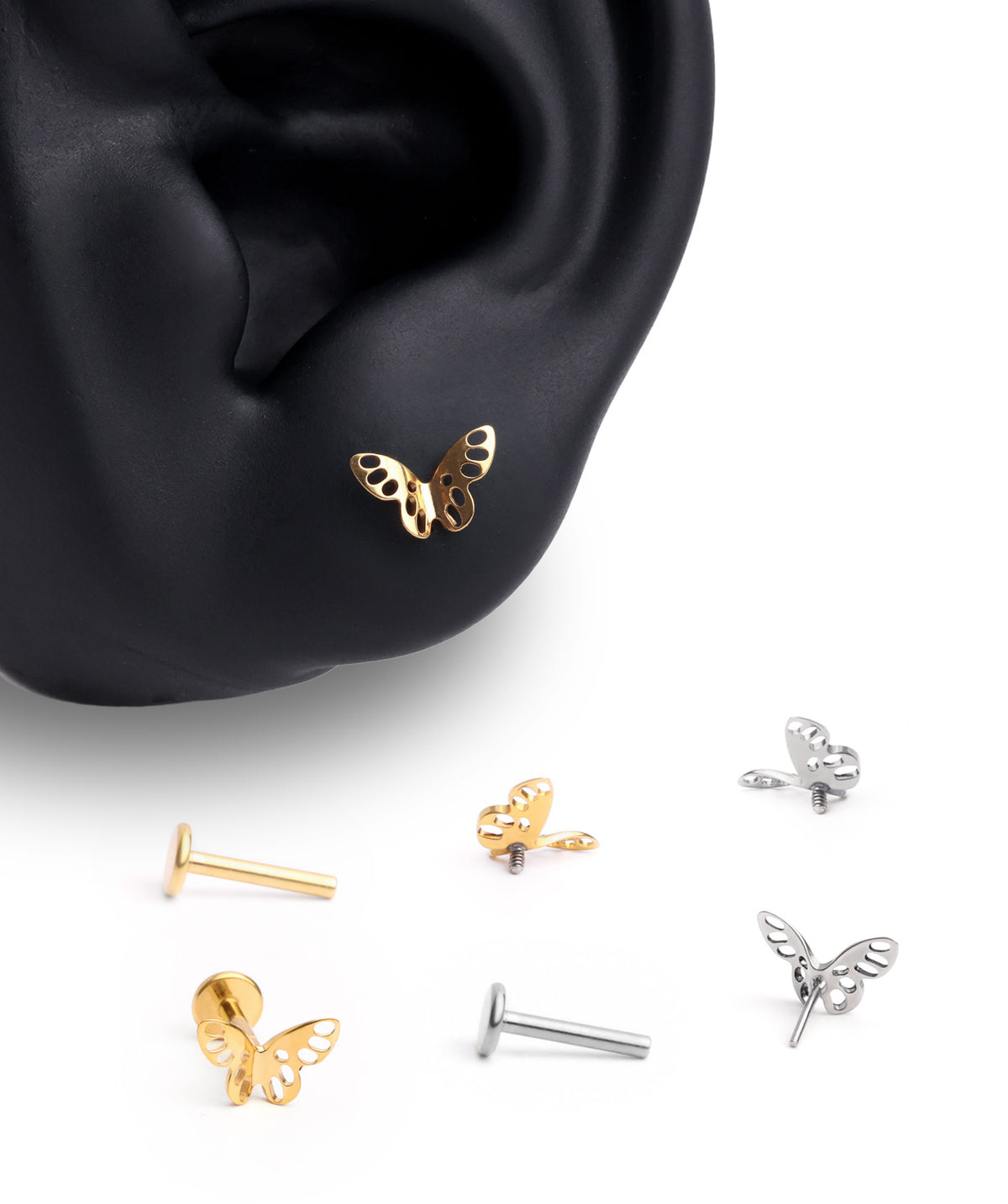 Titanium Hollow Butterfly Flatback Stud - Titanium - Helix, Upper Lobe, Conch - Oumo Jewelry