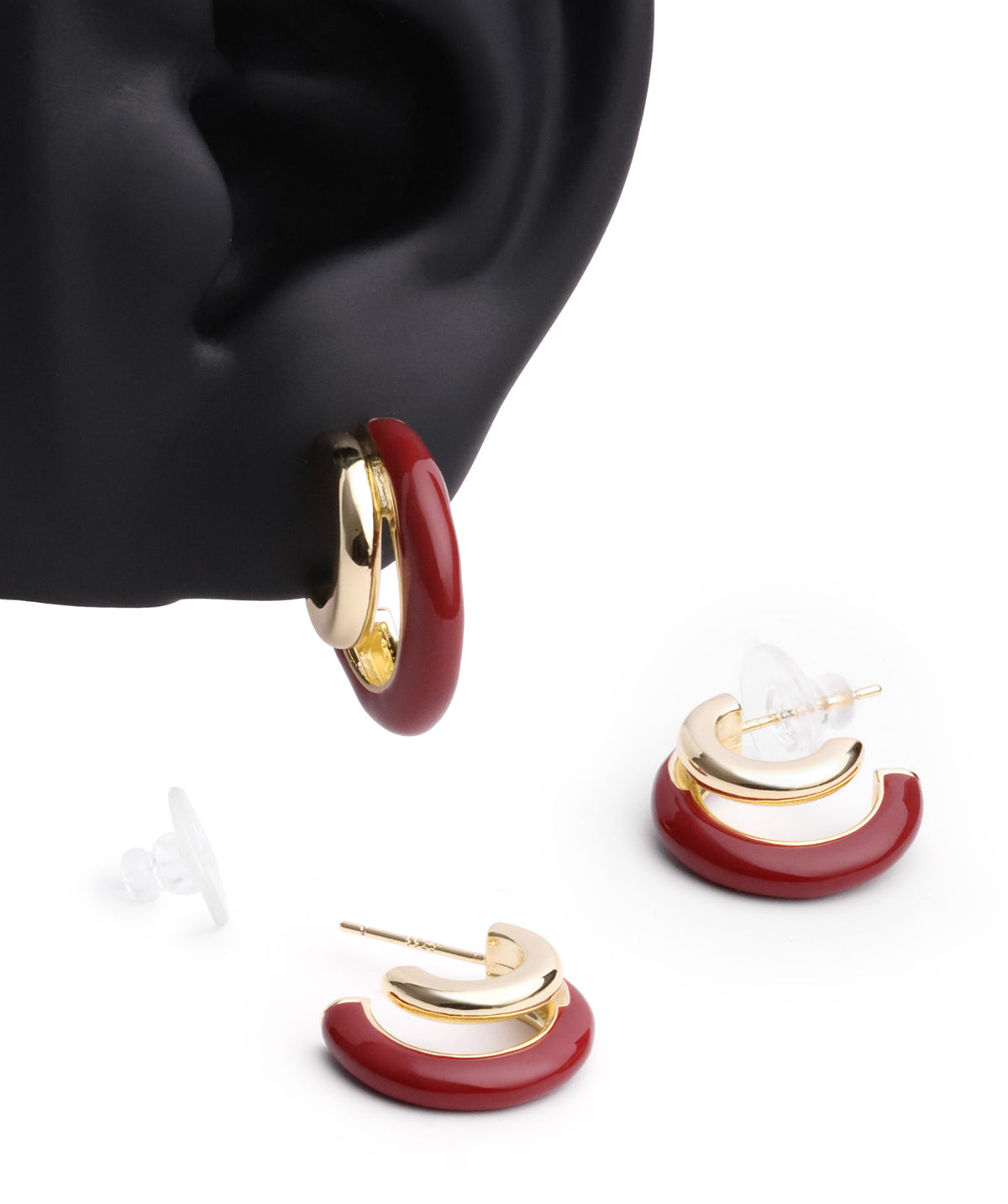 Red Enamel Double Hoops - Brass - Oumo Jewelry