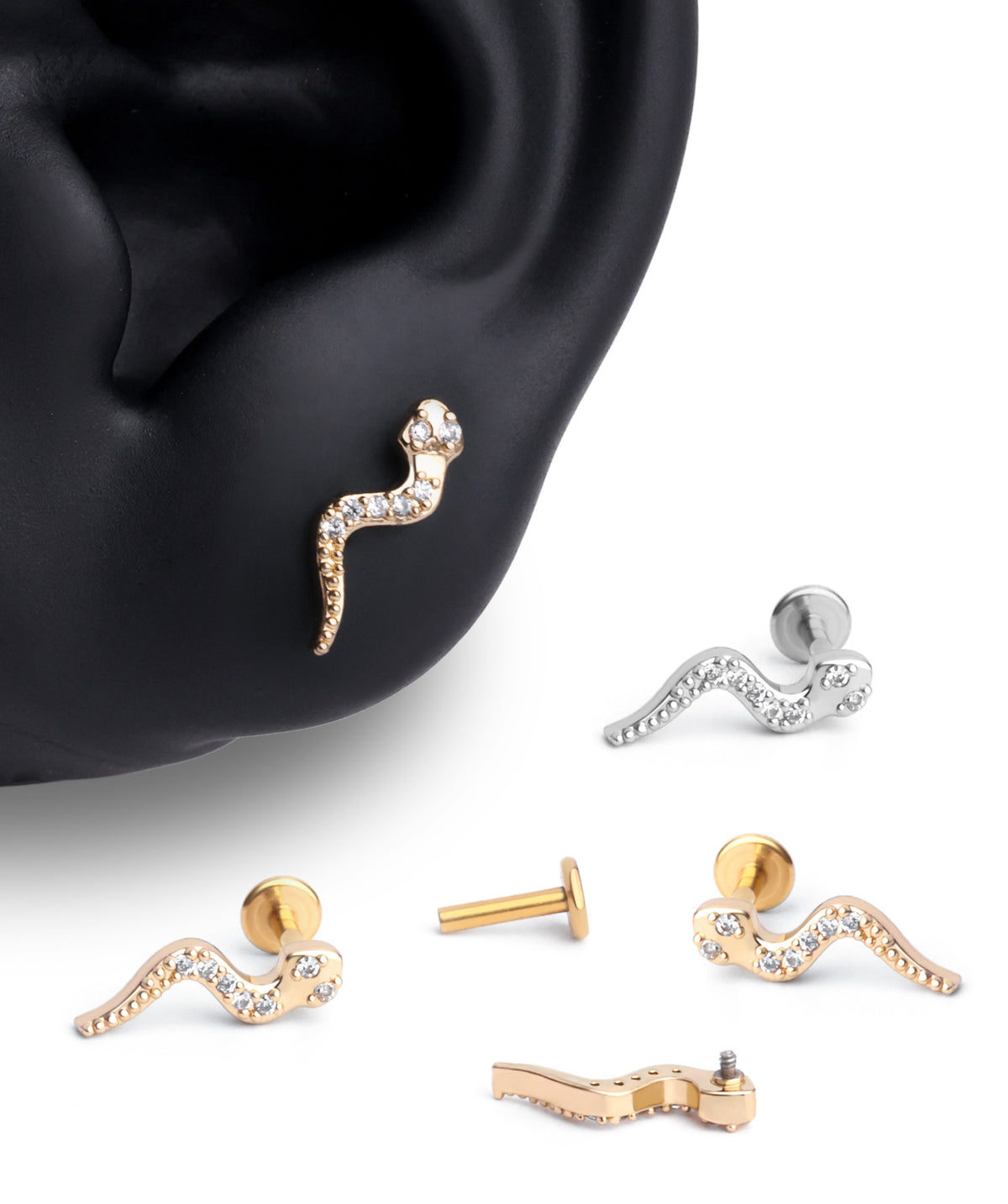Snake Flatback Stud - Stainless Steel - Helix, Upper Lobe, Flat - Oumo Jewelry