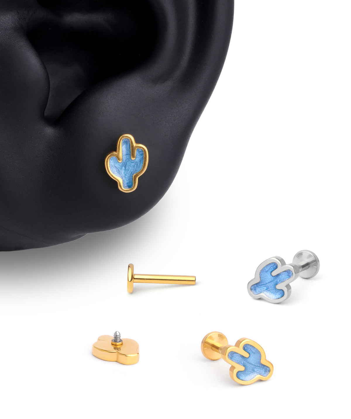 Enamel Cactus Flatback Stud - Stainless Steel - Helix, Upper Lobe, Conch - Oumo Jewelry