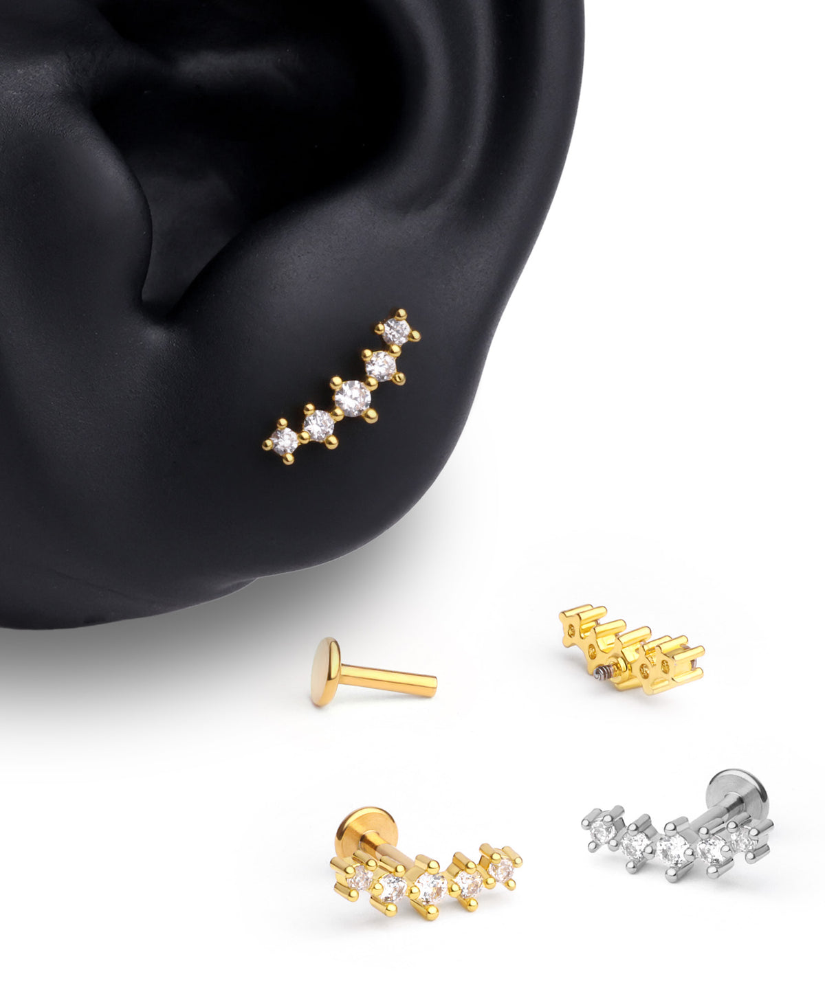 Shiny Gems Curved Flatback Stud - Stainless Steel - Helix, Upper Lobe, Flat - Oumo Jewelry