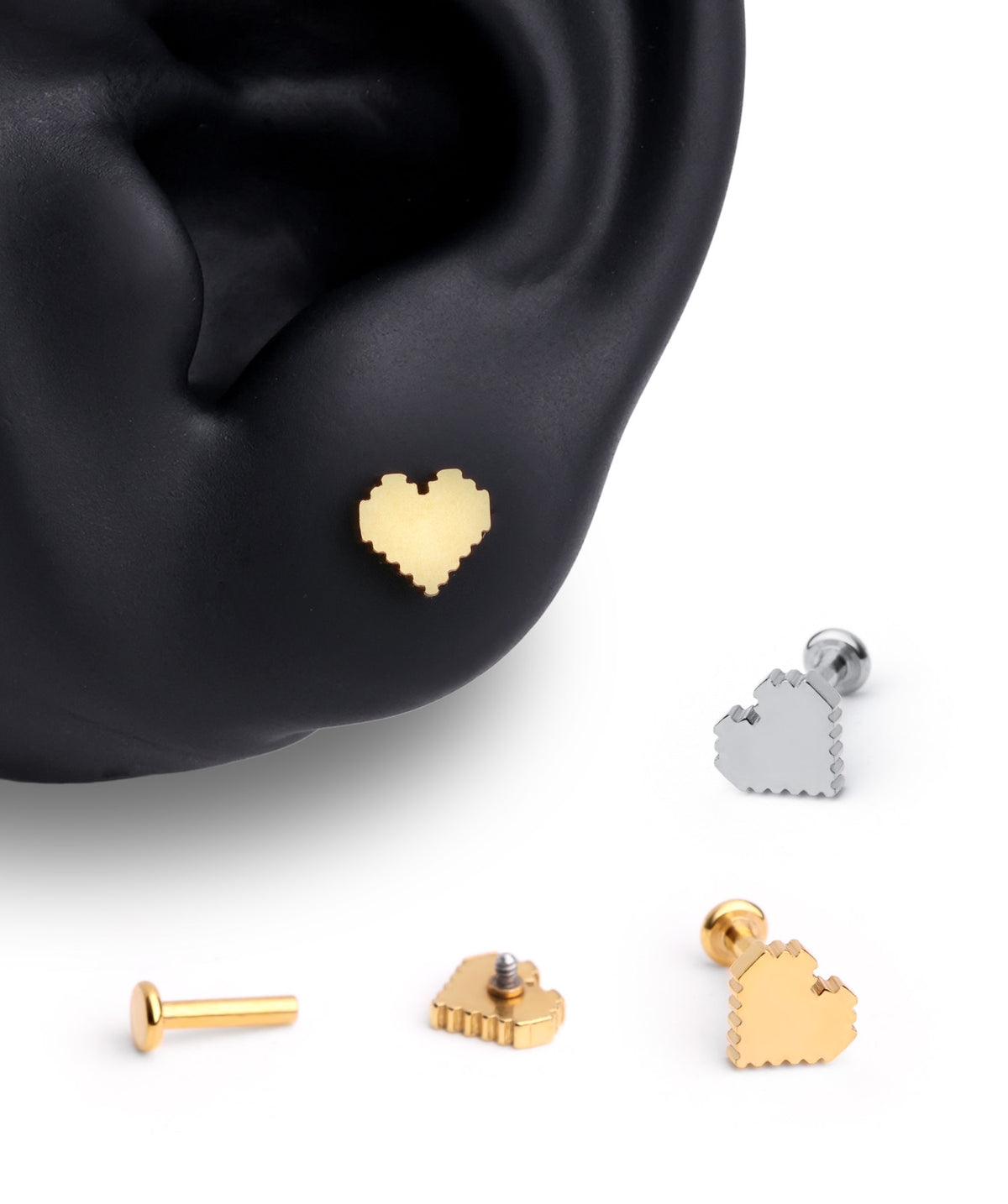 Pixel Heart Flatback Stud - Stainless Steel - Helix, Upper Lobe, Conch - Oumo Jewelry