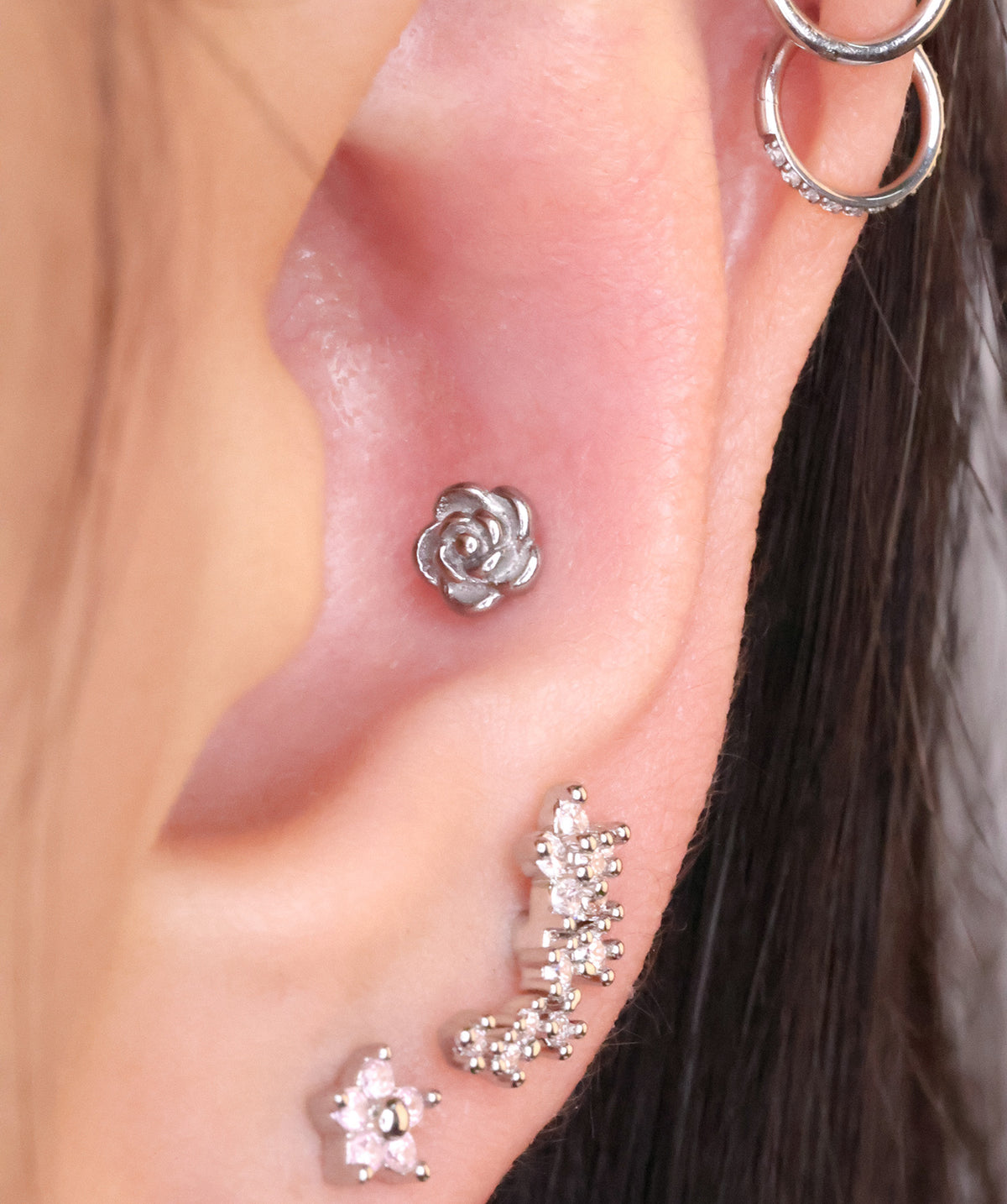 Rose Flatback Stud - Stainless Steel - Helix, Upper Lobe, Conch - Oumo Jewelry