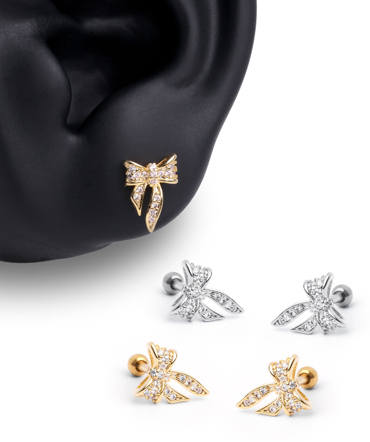 Exquisite Bow Stud - Stainless Steel - Upper Lobe, Helix, Flat - Oumo Jewelry