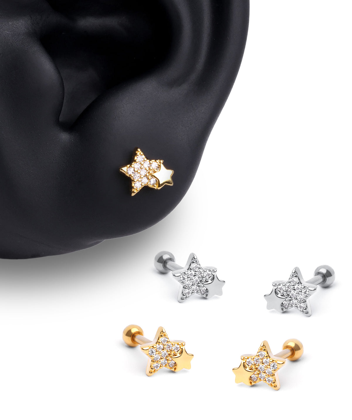 Double Star Stud - Stainless Steel - Upper Lobe, Helix, Flat - Oumo Jewelry