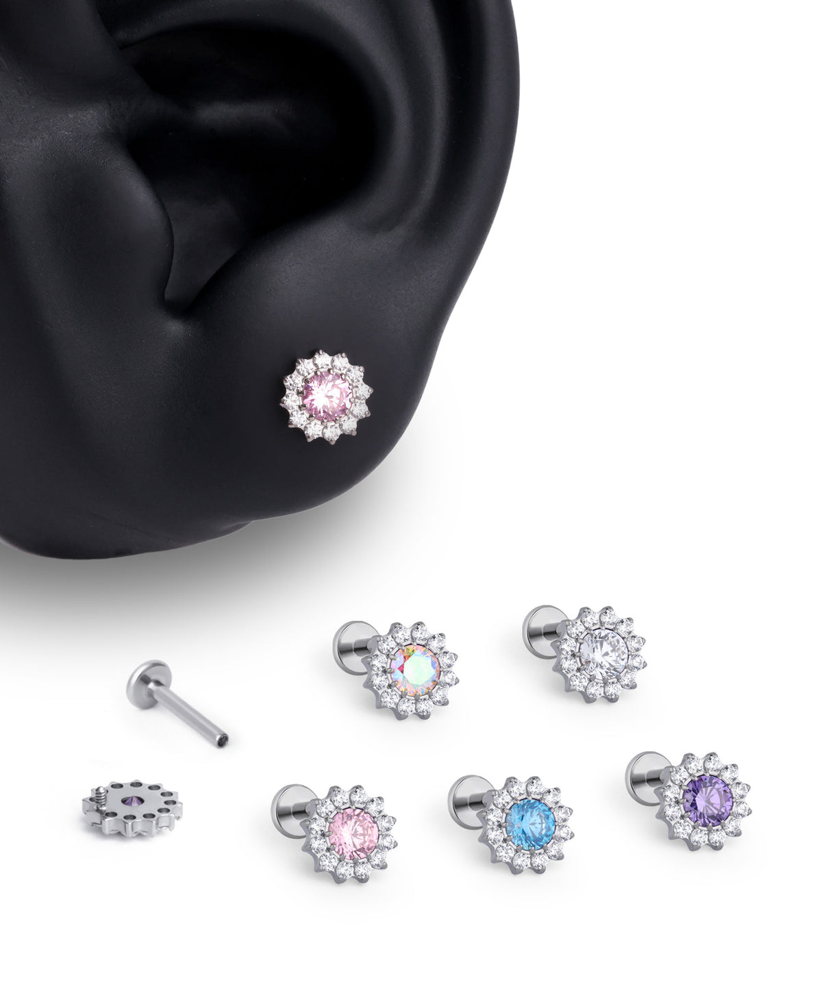 Titanium Charm Flower Flatback Stud - Titanium - Upper Lobe, Flat, Conch - Oumo Jewelry