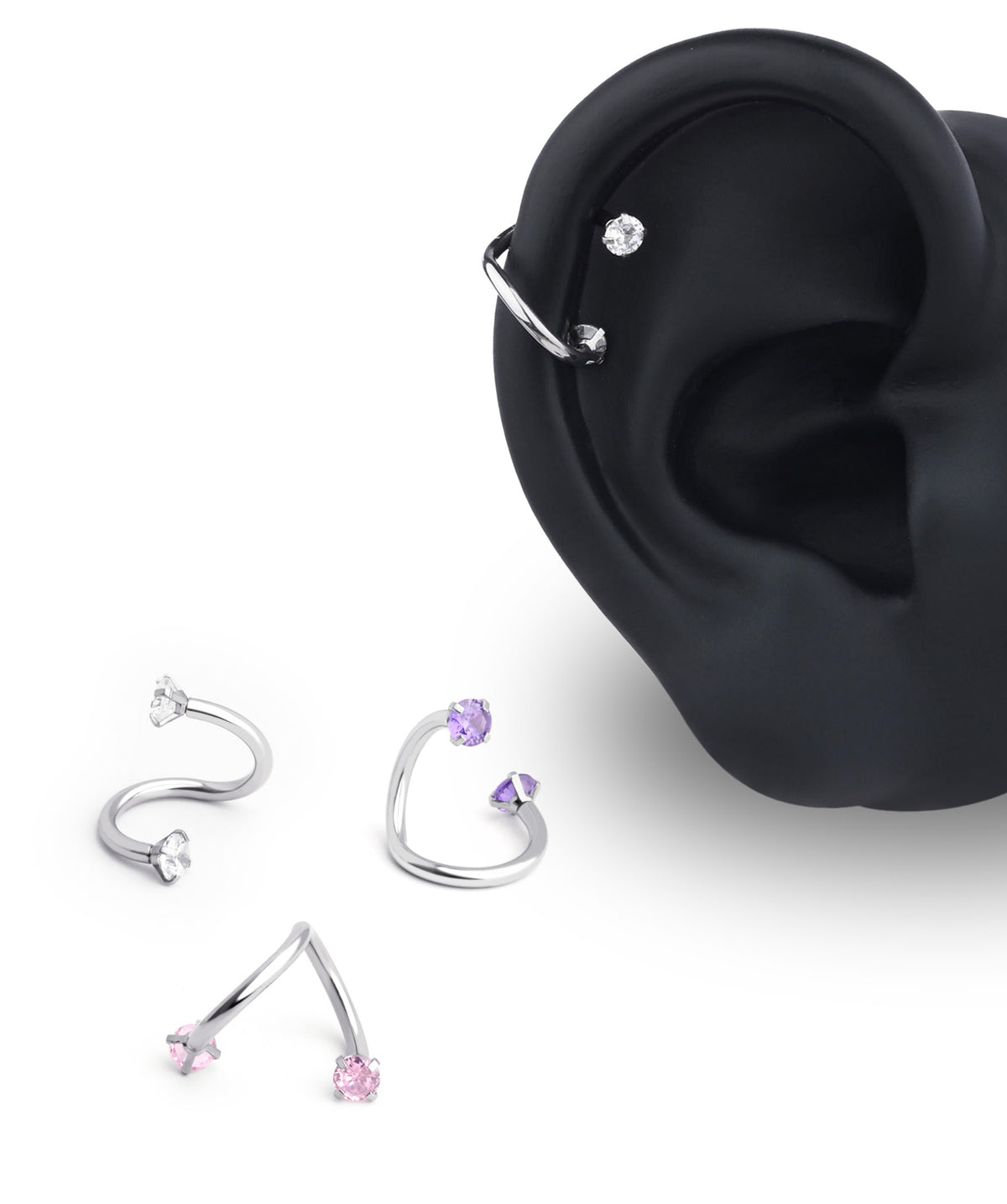 Spiral Gem Barbell - Stainless Steel - Eyebrow, Vertical Helix, Navel - Oumo Jewelry