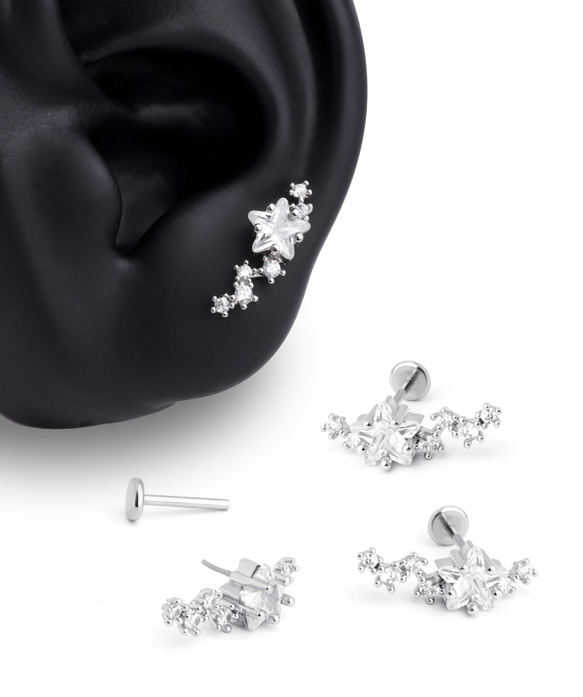Dazzling Curved Star Flatback Stud - Stainless Steel - Helix, Upper Lobe, Flat - Oumo Jewelry