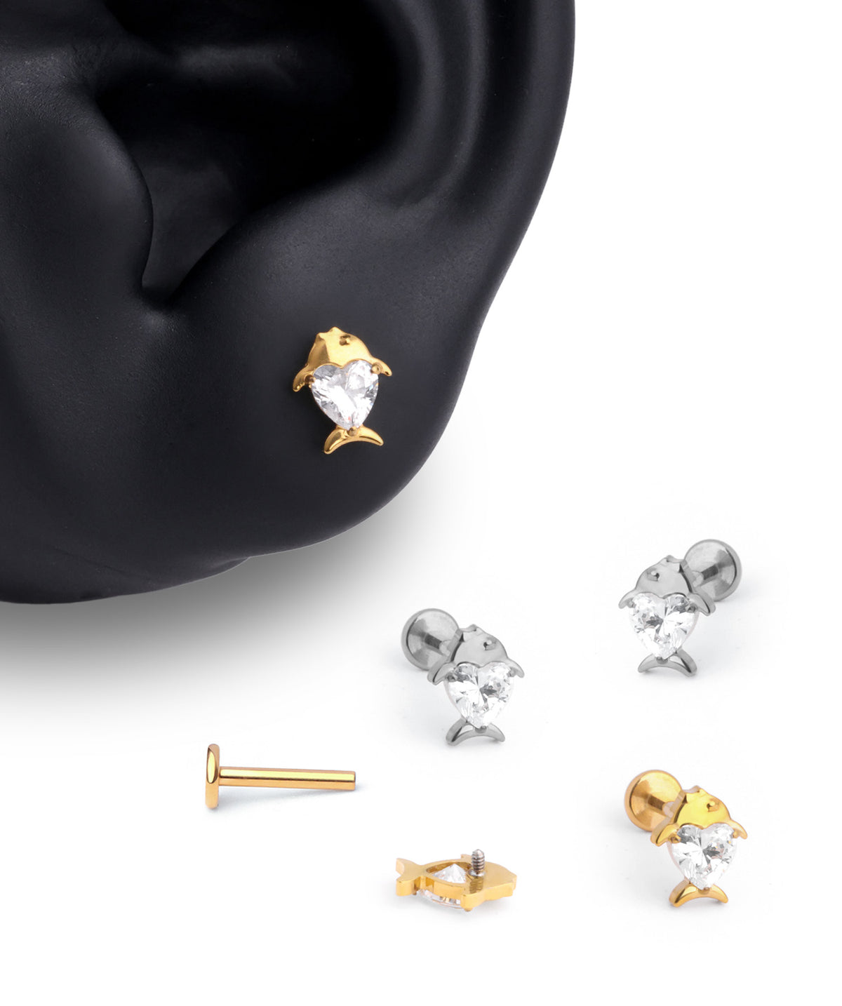 Titanium Love Fish Flatback Stud - Titanium - Helix, Upper Lobe, Conch - Oumo Jewelry