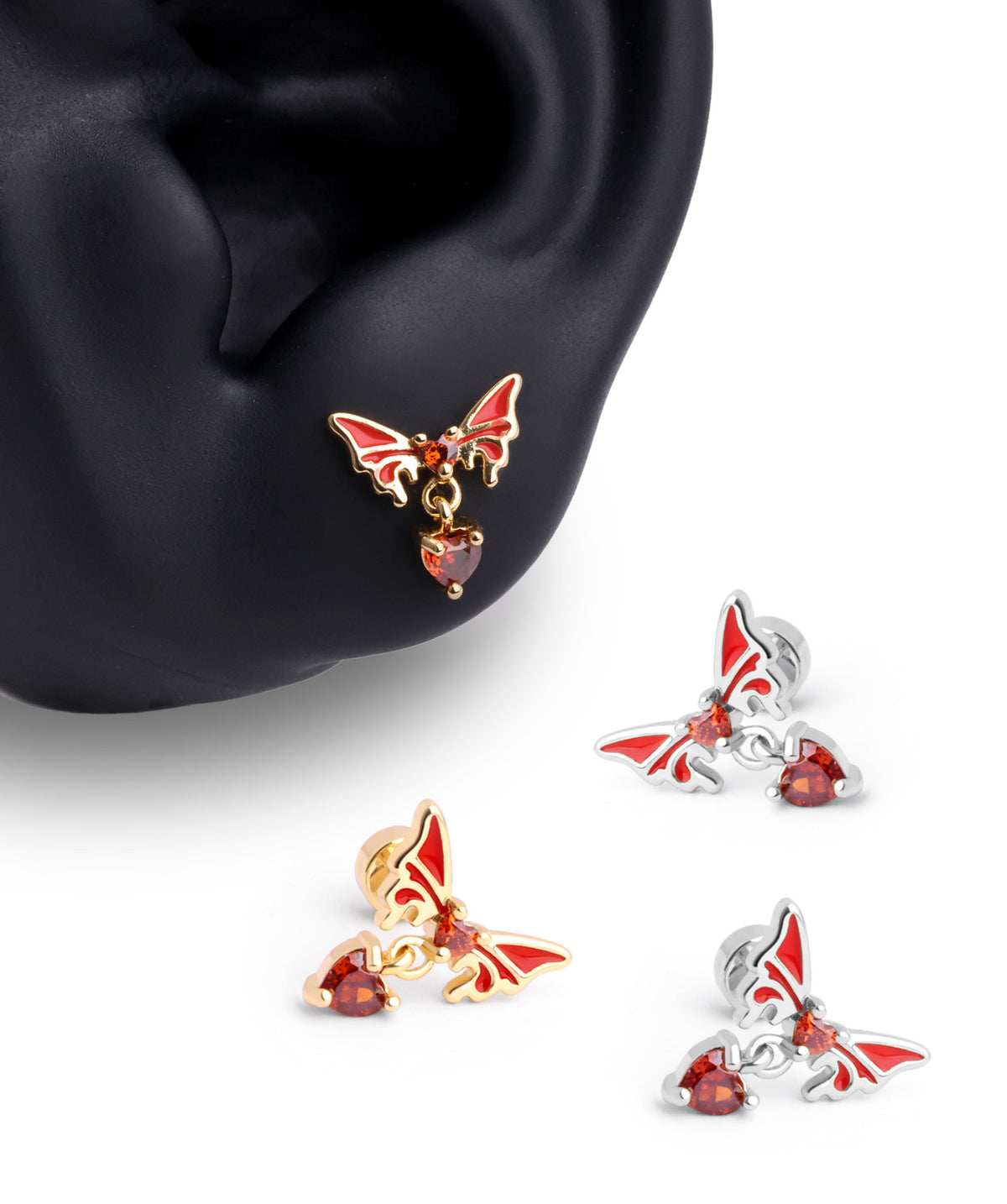 Enamel Butterfly Heart Flatback Drop - Stainless Steel - Upper Lobe, Helix, Flat - Oumo Jewelry