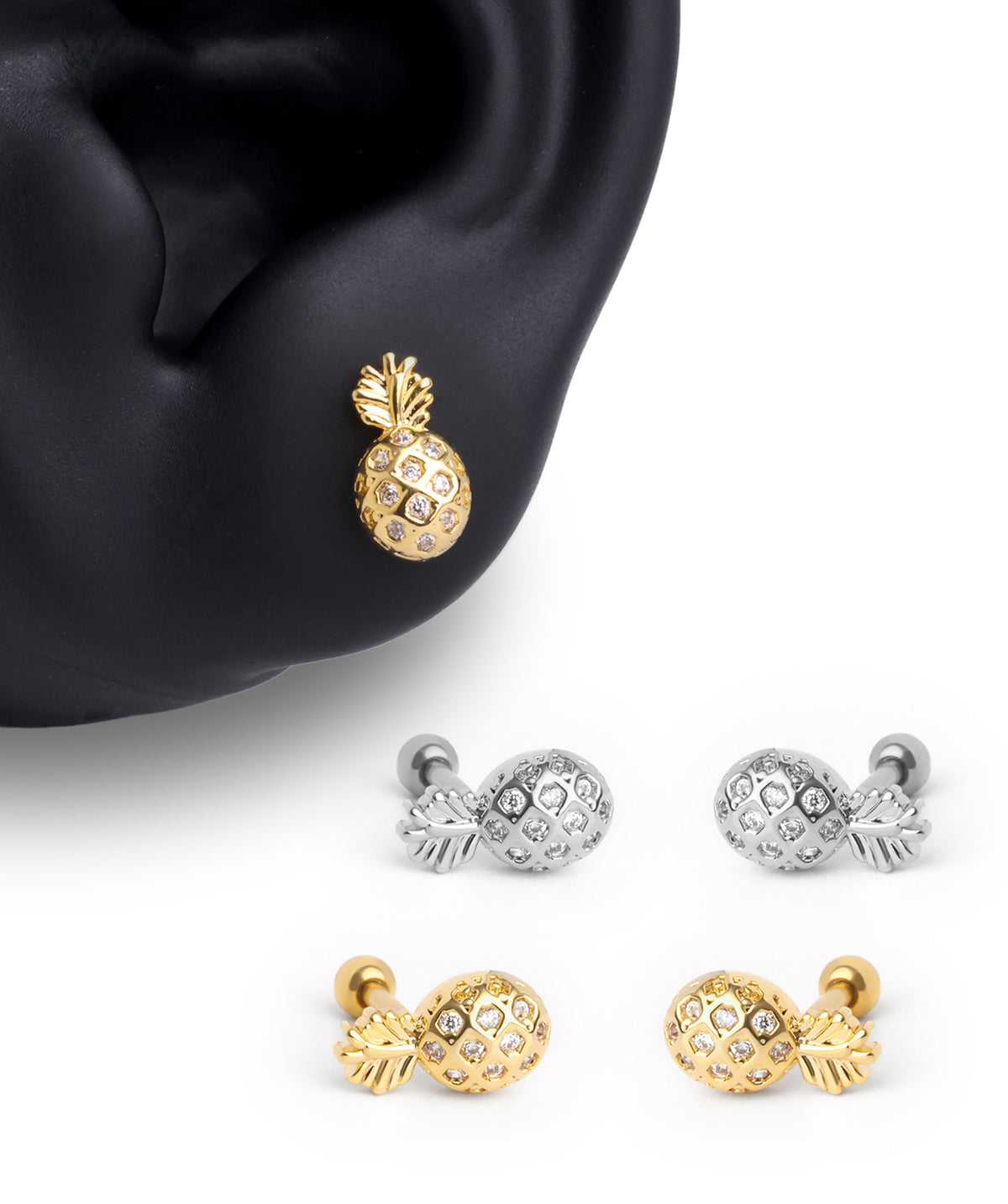 Cute Pineapple Stud - Stainless Steel - Upper Lobe, Helix, Flat - Oumo Jewelry