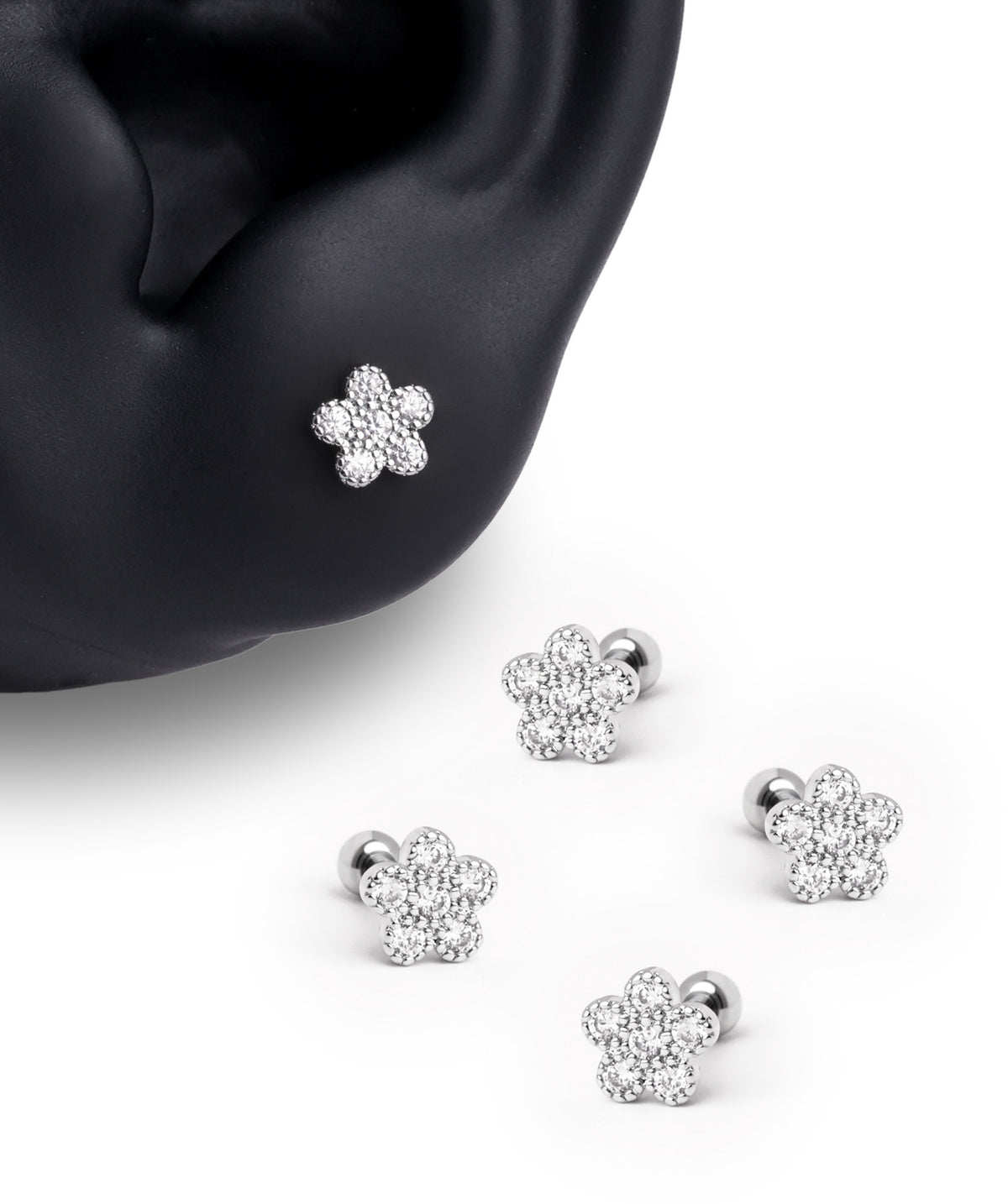 Sparkle Charm Flower Stud - Stainless Steel - Upper Lobe, Helix - Oumo Jewelry