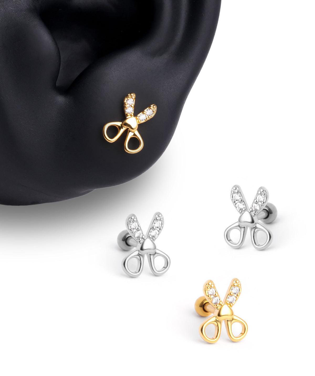 Love Scissors Stud - Stainless Steel - Upper Lobe, Helix - Oumo Jewelry