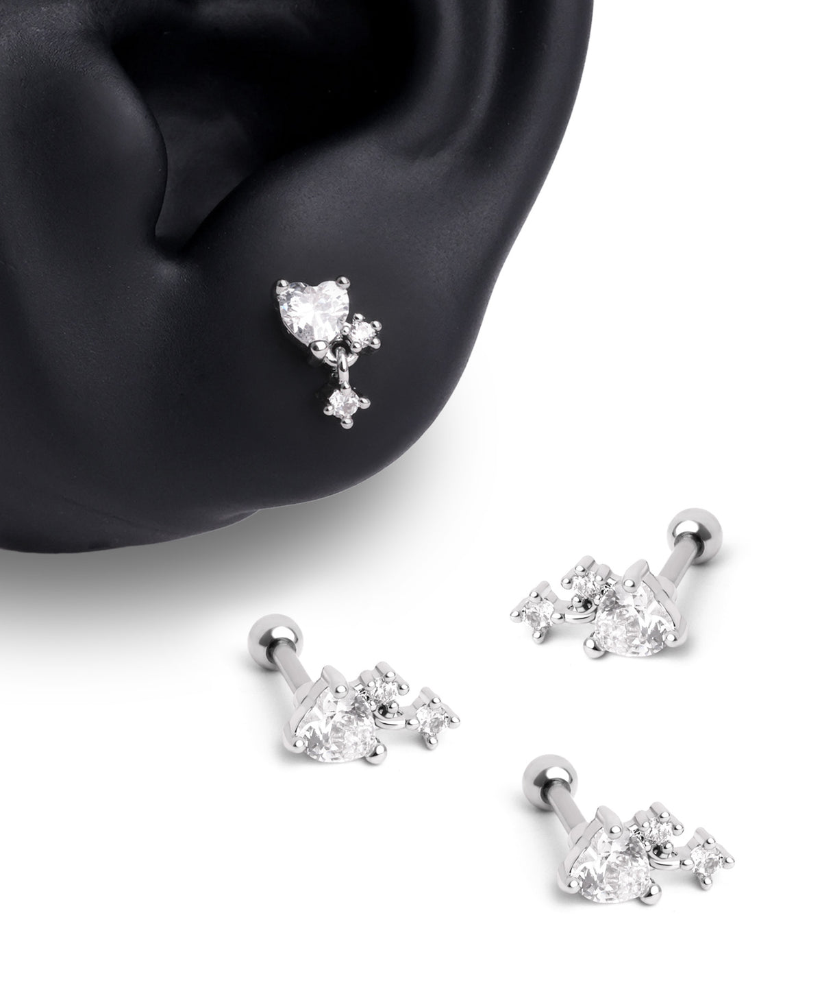 Crystal Heartfall - Stainless Steel - Upper Lobe, Flat, Helix - Oumo Jewelry