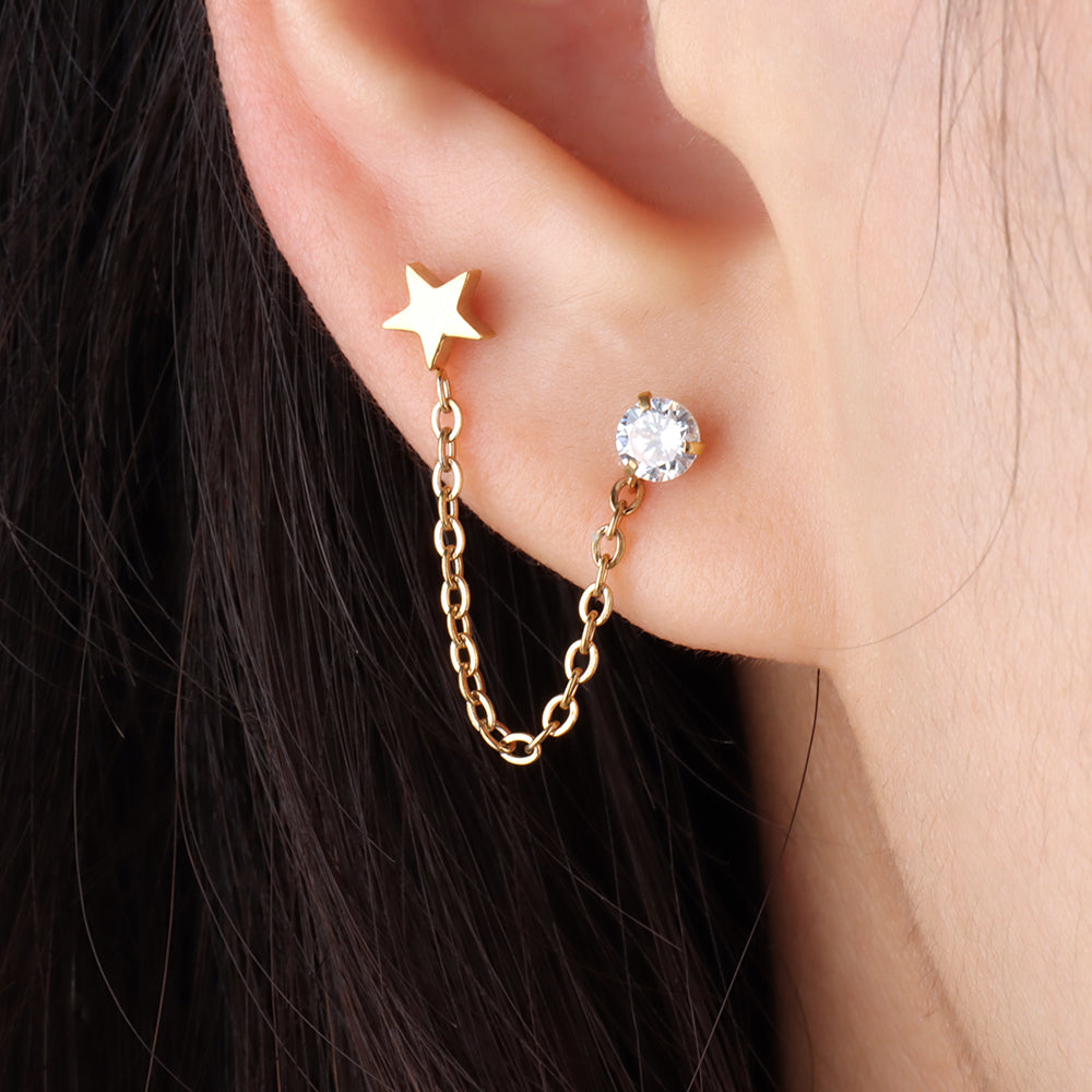 Shining Star Chain Earrings - Stainless Steel - Lobe, Upper Lobe - Oumo Jewelry