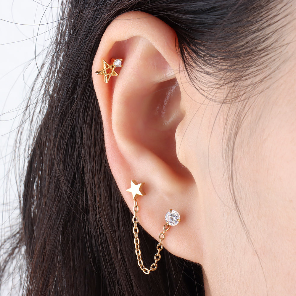 Shining Star Chain Earrings - Stainless Steel - Lobe, Upper Lobe - Oumo Jewelry
