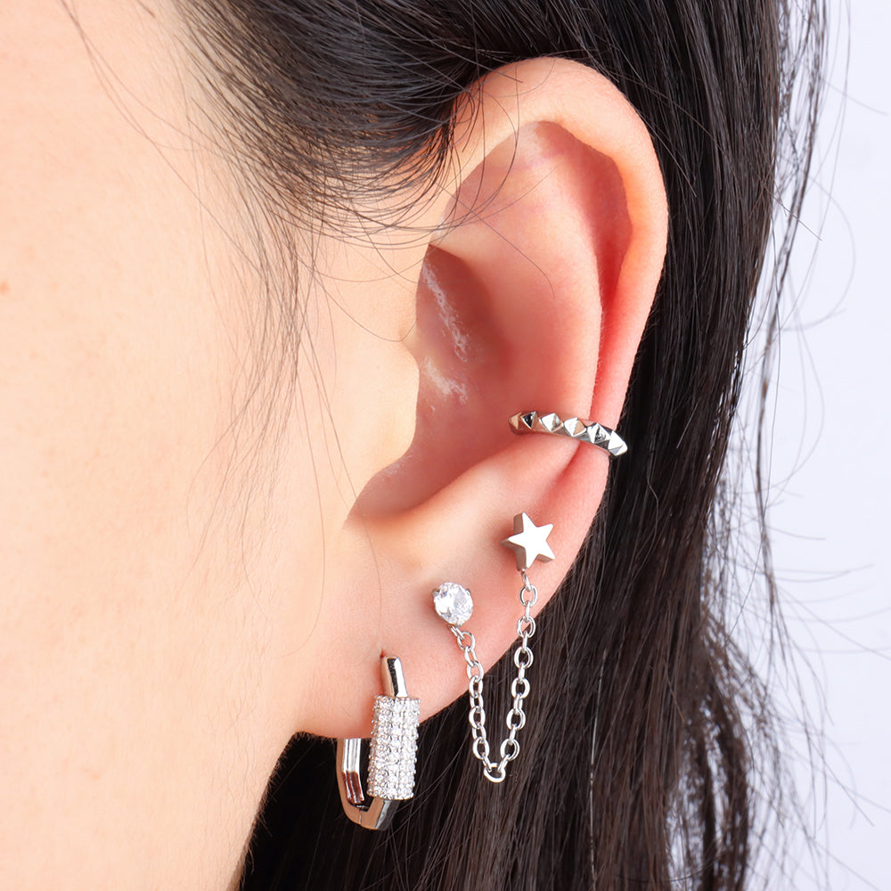 Shining Star Chain Earrings - Stainless Steel - Lobe, Upper Lobe - Oumo Jewelry
