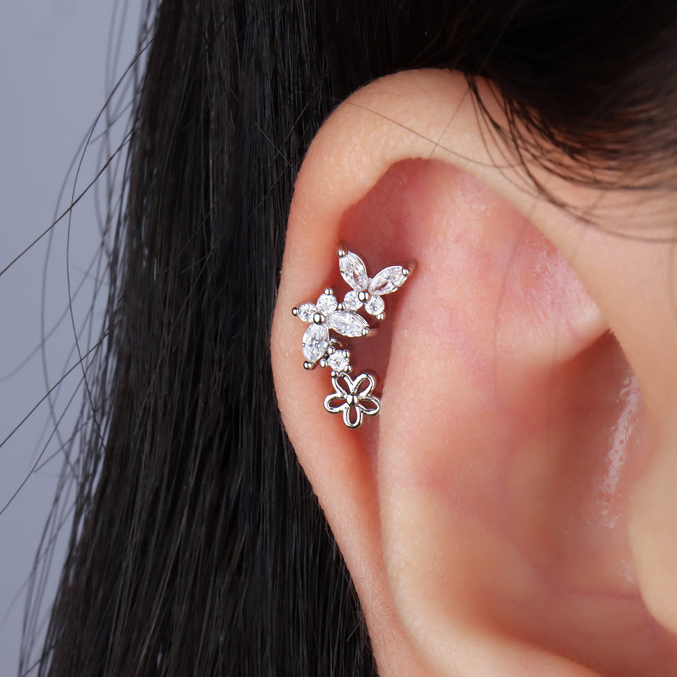 Butterfly Flower Stud - Stainless Steel - Upper Lobe, Helix, Flat - Oumo Jewelry