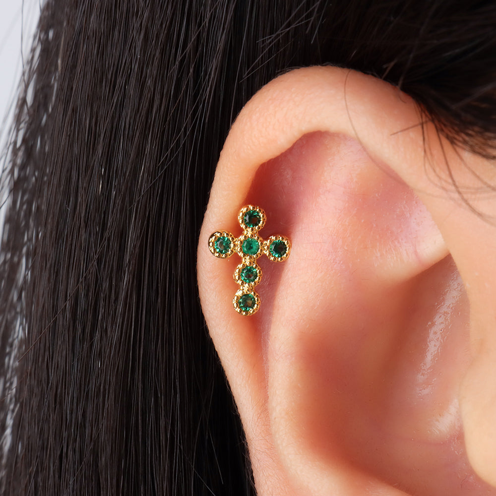 Green Gem Cross Stud - OhmoJewelry