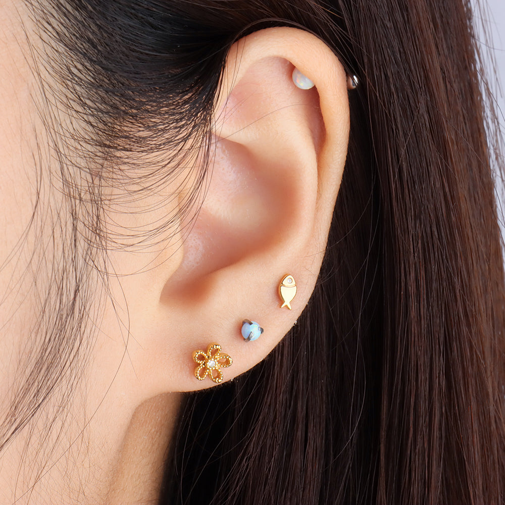 Floral Flatback Stud - Stainless Steel - Helix, Upper Lobe, Conch - Oumo Jewelry