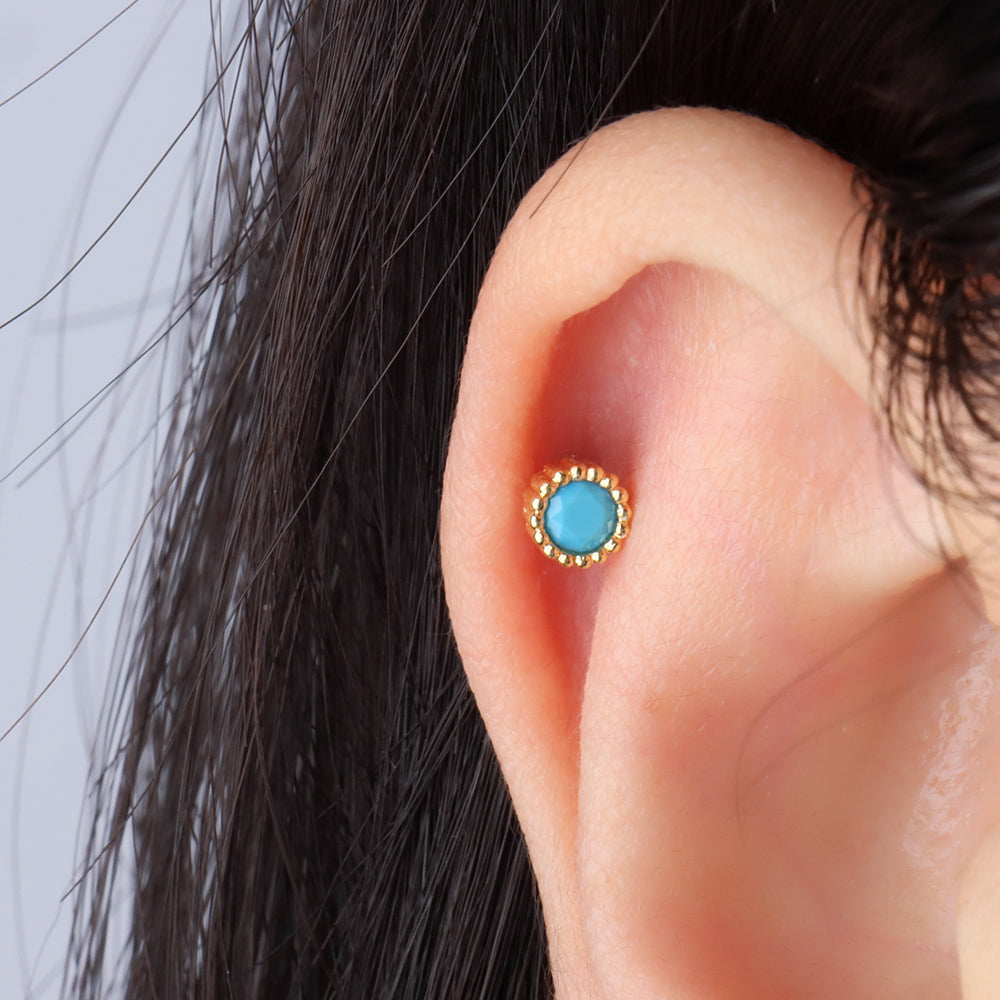 Basic Turquoise Stud - Stainless Steel - Upper Lobe, Helix, Flat - Oumo Jewelry