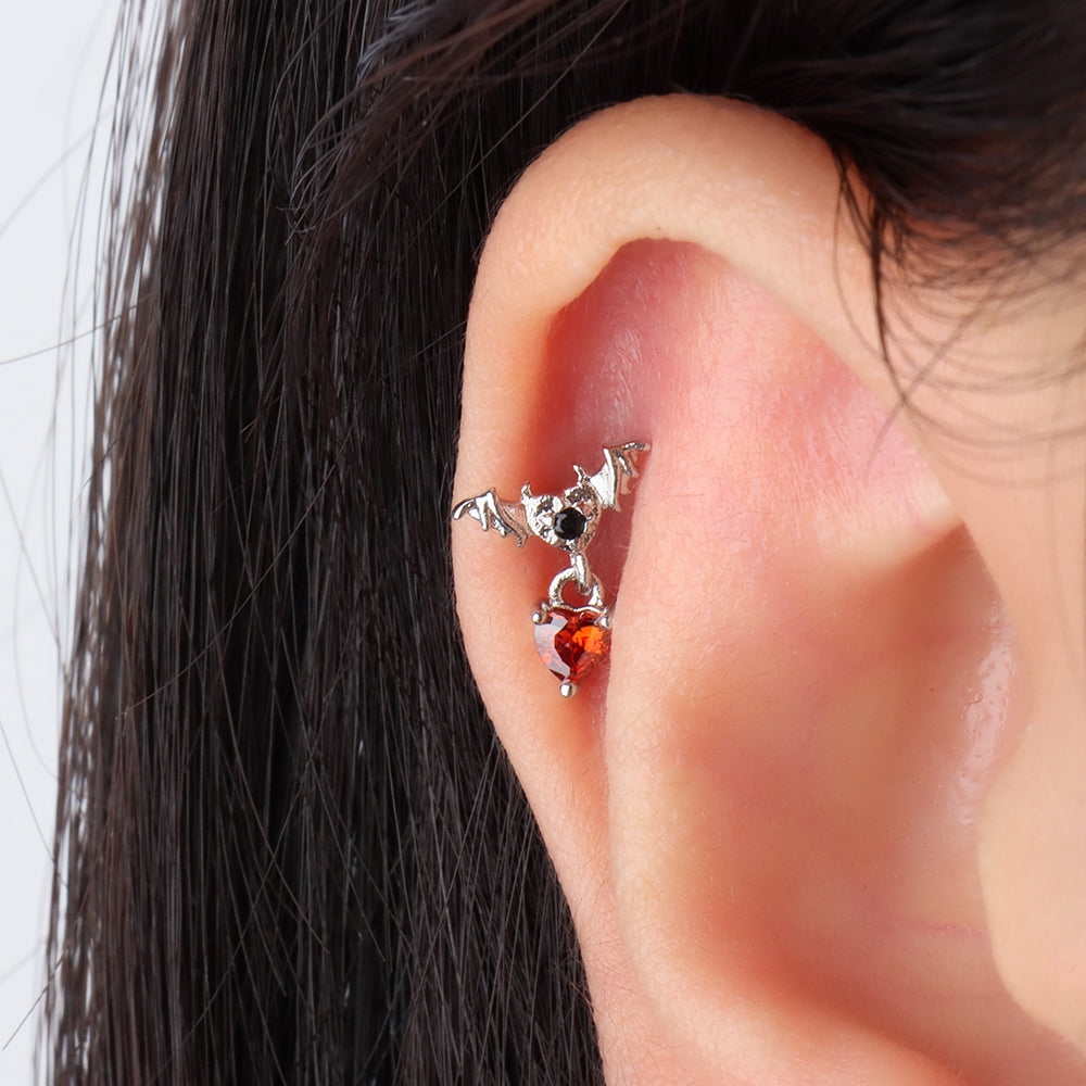 Bat Heart Drop Earring - Stainless Steel - Flat, Upper Lobe - Oumo Jewelry