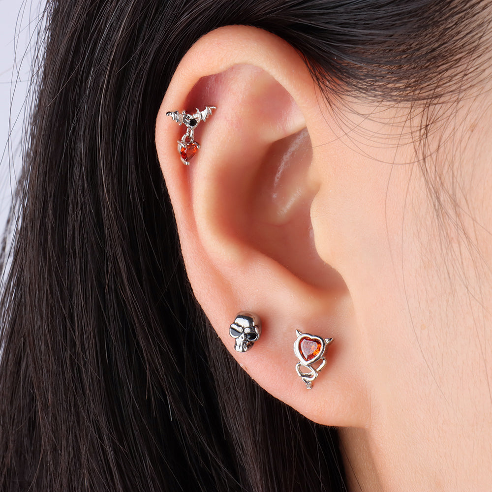 Bat Heart Drop Earring - Stainless Steel - Flat, Upper Lobe - Oumo Jewelry