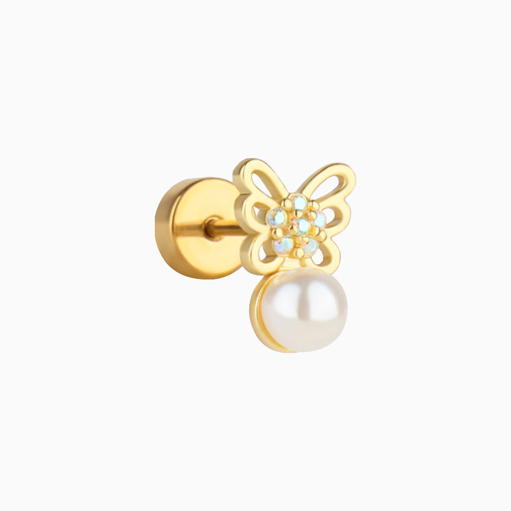 Butterfly Pearl Flatback Stud - Stainless Steel - Helix, Upper Lobe, Flat - Oumo Jewelry