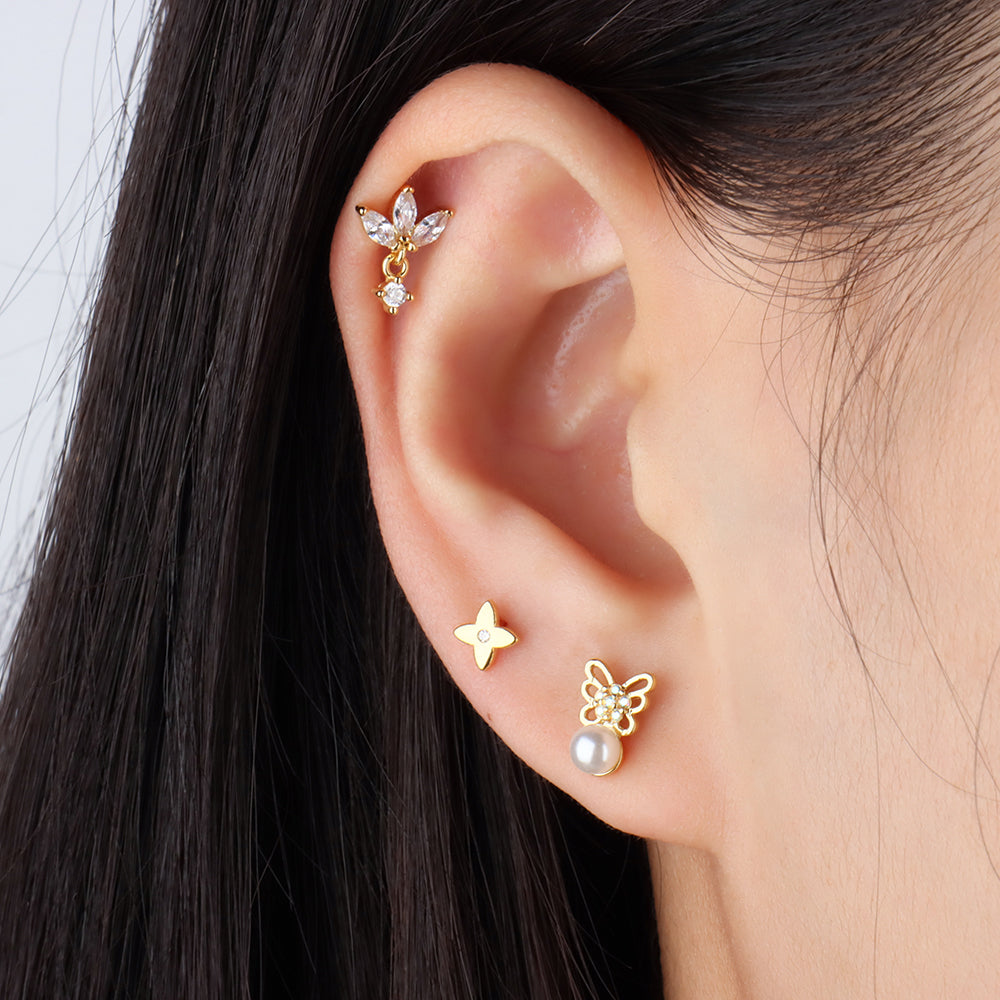 Butterfly Pearl Flatback Stud - Stainless Steel - Helix, Upper Lobe, Flat - Oumo Jewelry