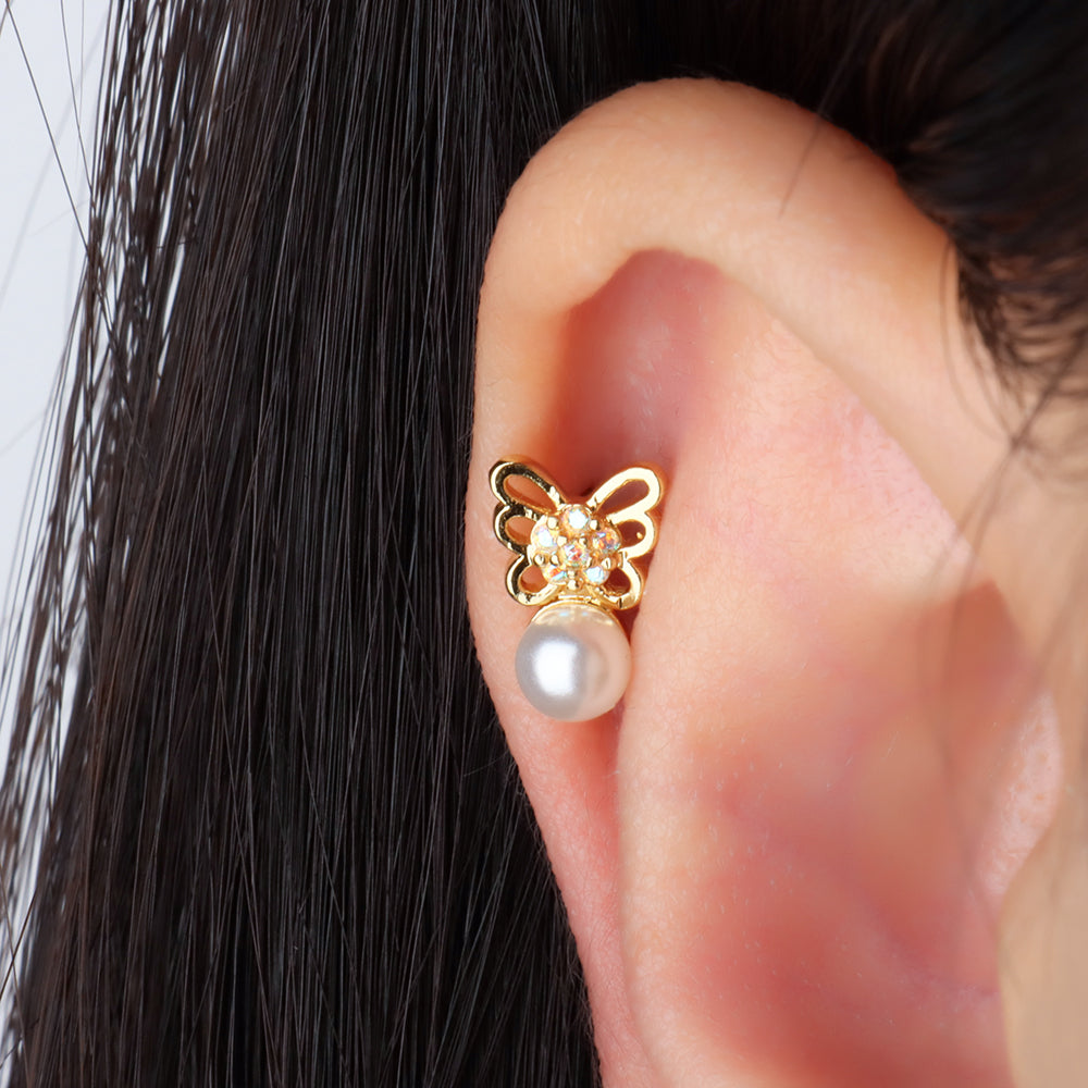 Butterfly Pearl Flatback Stud - Stainless Steel - Helix, Upper Lobe, Flat - Oumo Jewelry