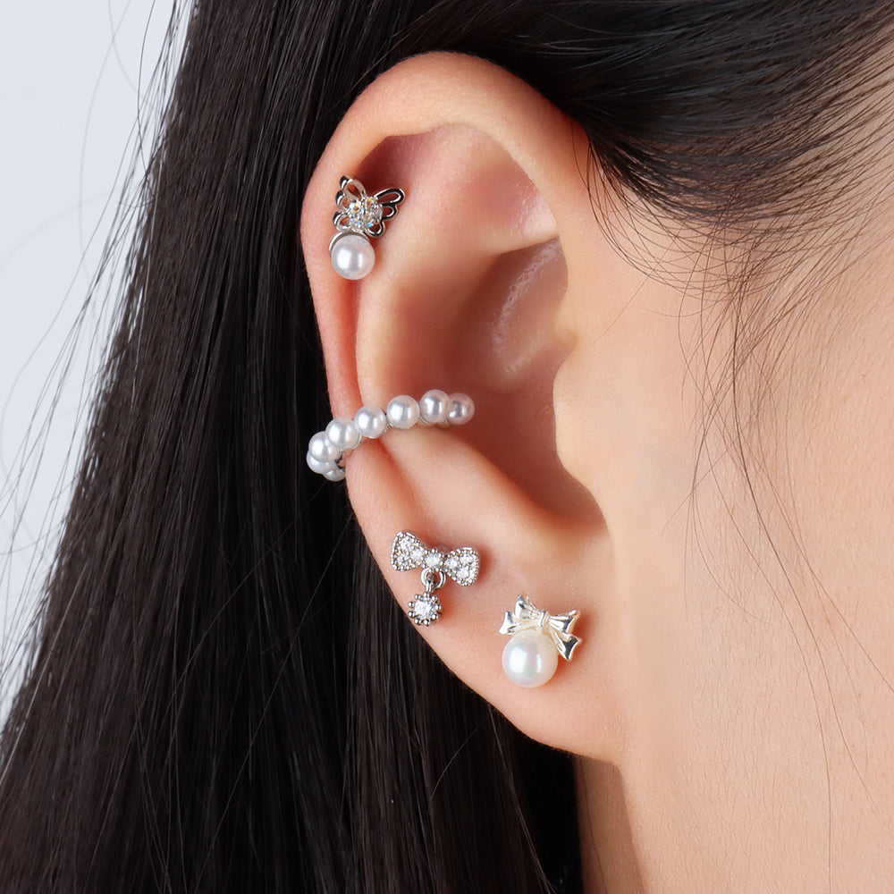 Butterfly Pearl Flatback Stud - Stainless Steel - Helix, Upper Lobe, Flat - Oumo Jewelry