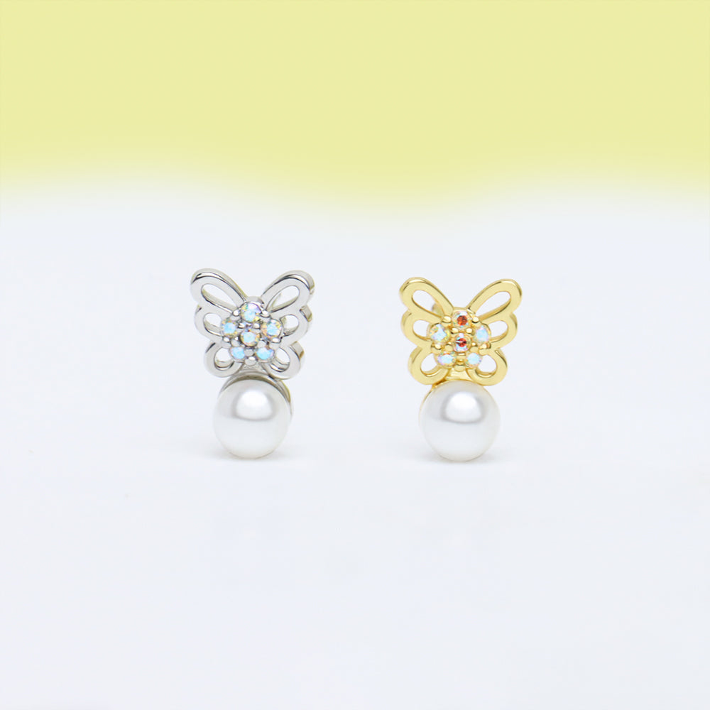 Butterfly Pearl Flatback Stud - Stainless Steel - Helix, Upper Lobe, Flat - Oumo Jewelry