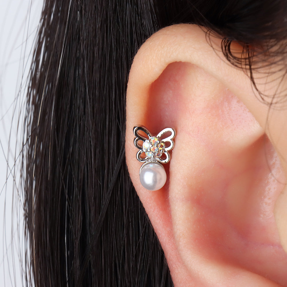 Butterfly Pearl Flatback Stud - Stainless Steel - Helix, Upper Lobe, Flat - Oumo Jewelry