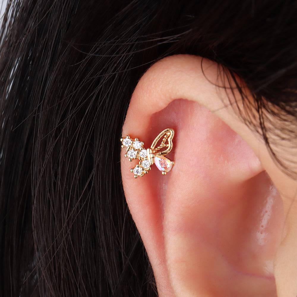 Charm Butterfly Stud - Stainless Steel - Upper Lobe, Helix - Oumo Jewelry
