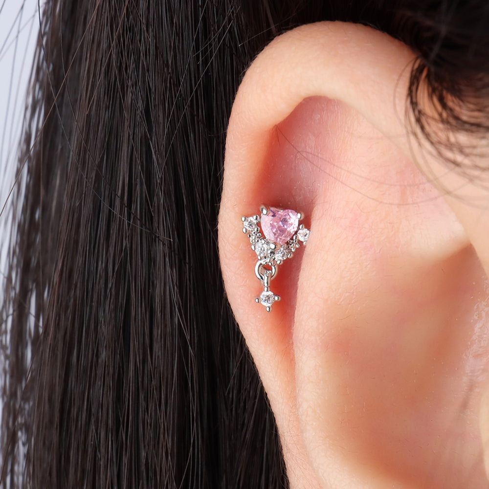 Charming Pink Heart Drop - Stainless Steel - Upper Lobe, Helix, Flat - Oumo Jewelry