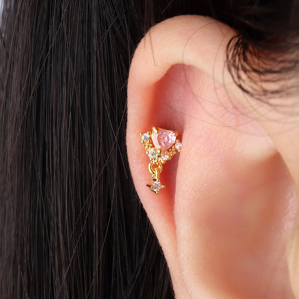 Charming Pink Heart Drop - Stainless Steel - Upper Lobe, Helix, Flat - Oumo Jewelry