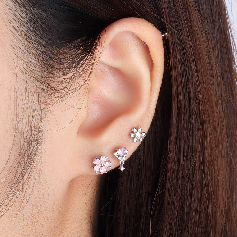 Charming Pink Heart Drop - Stainless Steel - Upper Lobe, Helix, Flat - Oumo Jewelry