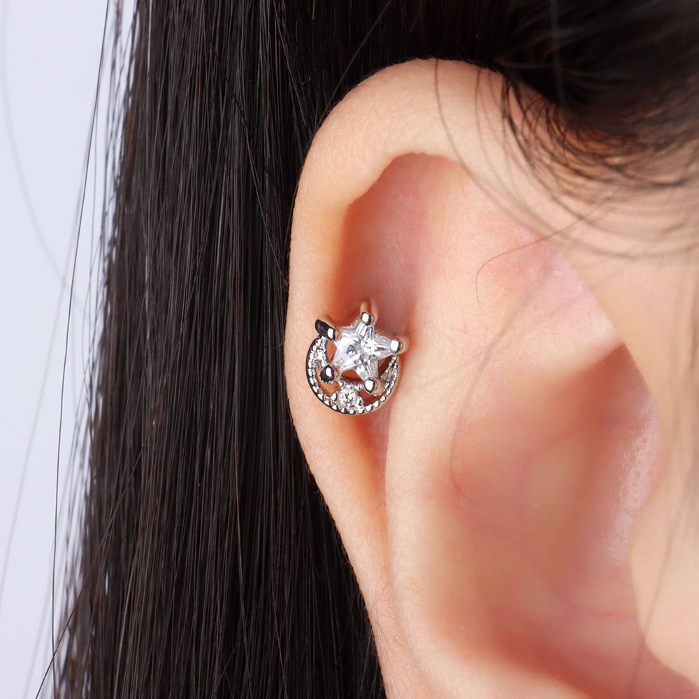 Crescent Star Stud - Stainless Steel - Upper Lobe, Helix - Oumo Jewelry
