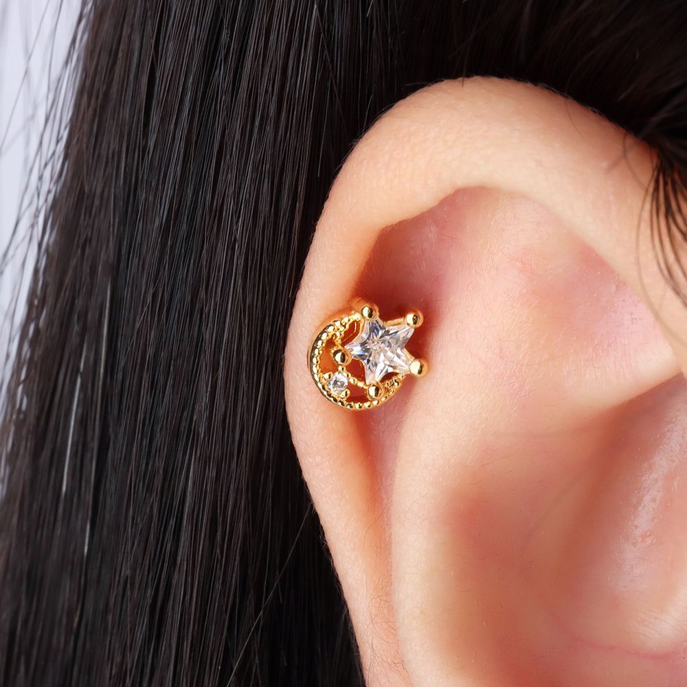Crescent Star Stud - Stainless Steel - Upper Lobe, Helix - Oumo Jewelry