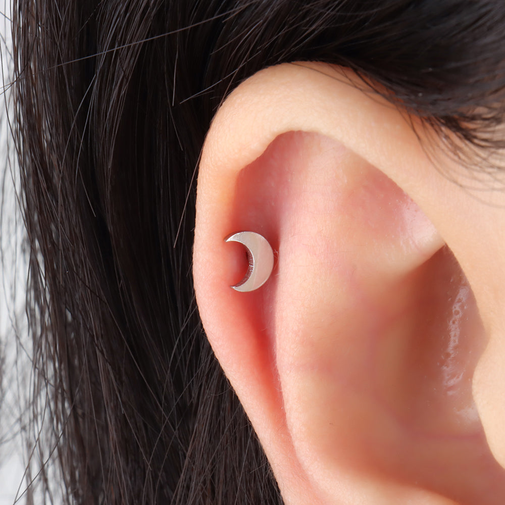 Crescent Stud - Stainless Steel - Upper Lobe, Helix, Flat - Oumo Jewelry