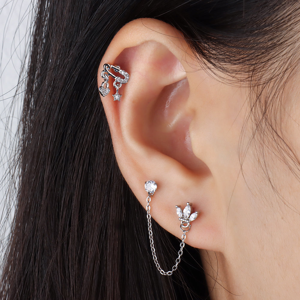 Crown Chain Earring - Stainless Steel - Lobe, Upper Lobe - Oumo Jewelry