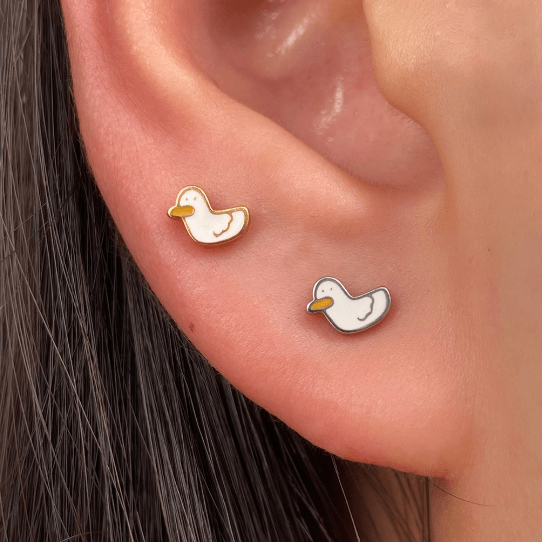 Cute Duck Studs - Stainless Steel - Upper Lobe, Helix, Flat - Oumo Jewelry