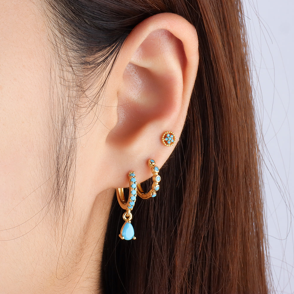 Delicate Turquoise Flower Stud - Stainless Steel - Upper Lobe, Helix, Flat - Oumo Jewelry